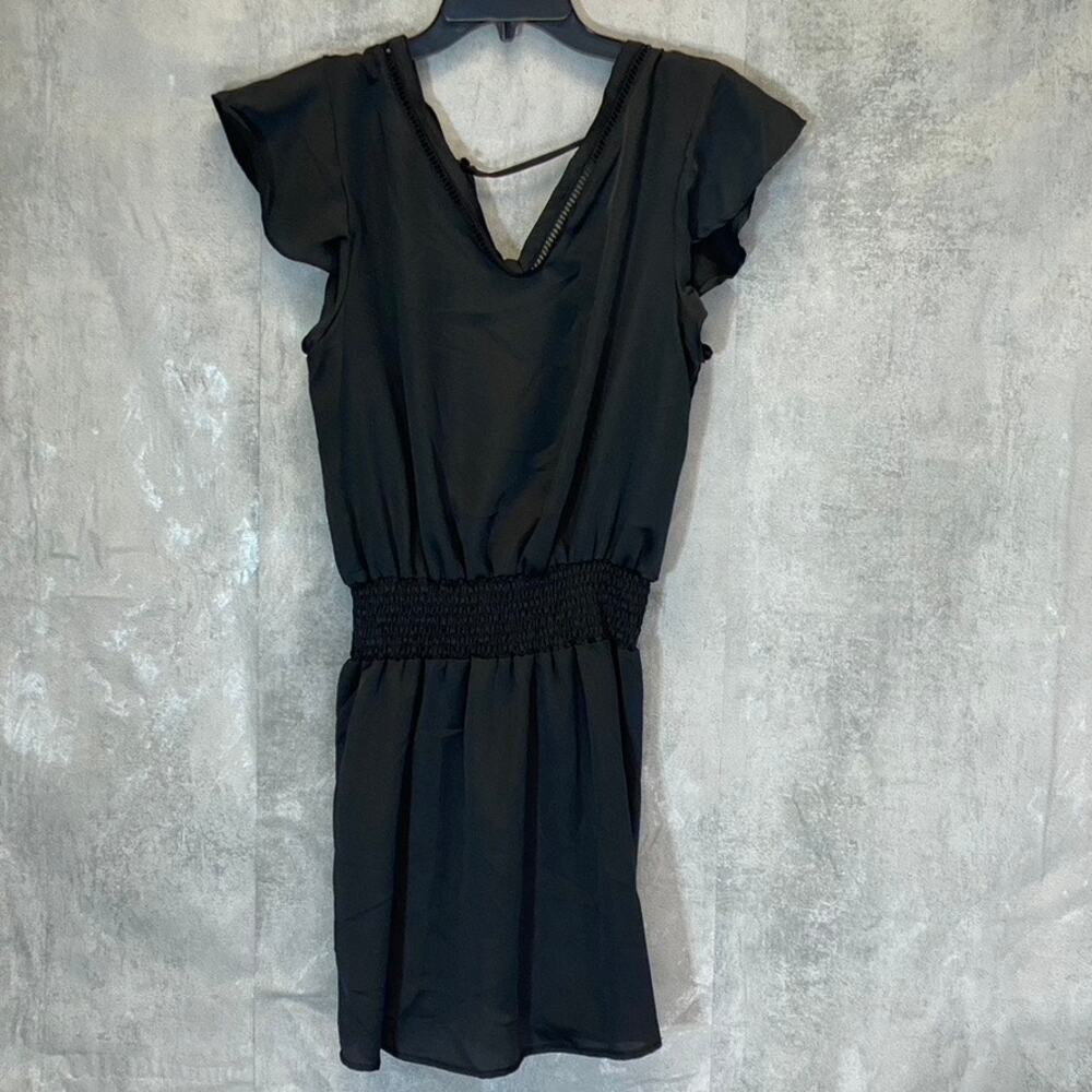 LUNA CHIX Women's Solid Black Flutter Sleeve Double V-Neck Smocked Waist Mini - Picture 2 of 9